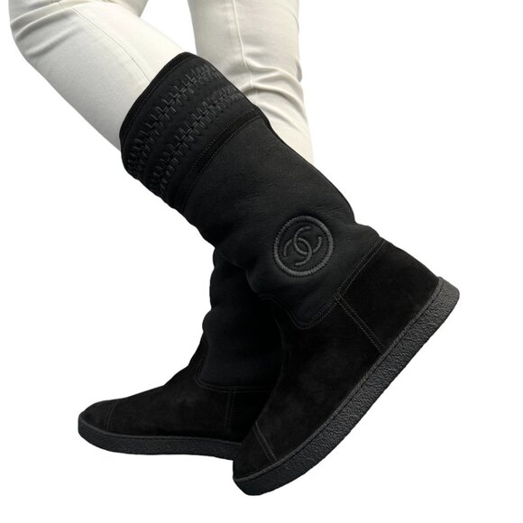 CHANEL Vintage CC Logo Mid Calf Boots #39 US 7.5 Boa Boots  Black Suede [104028] - Picture 1 of 13